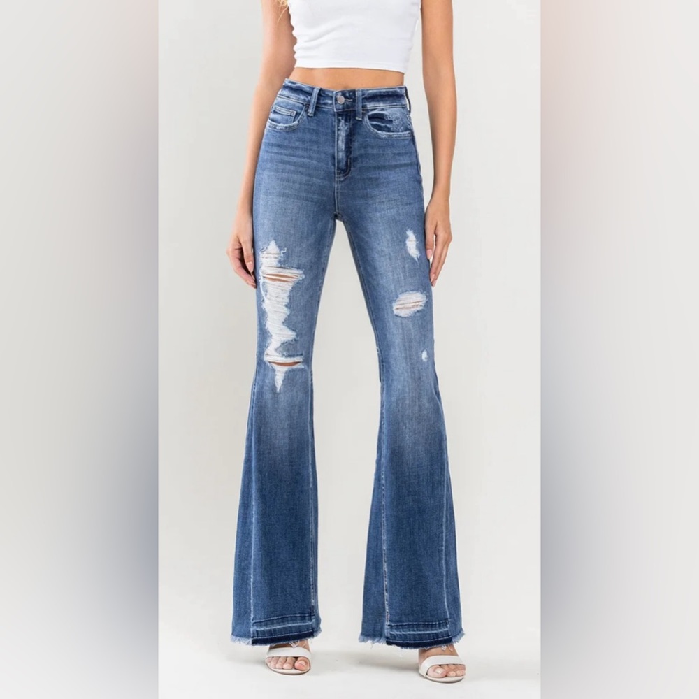 NWOT Flying Monkey High Rise Distressed Insert Panel Flare Jeans size 24